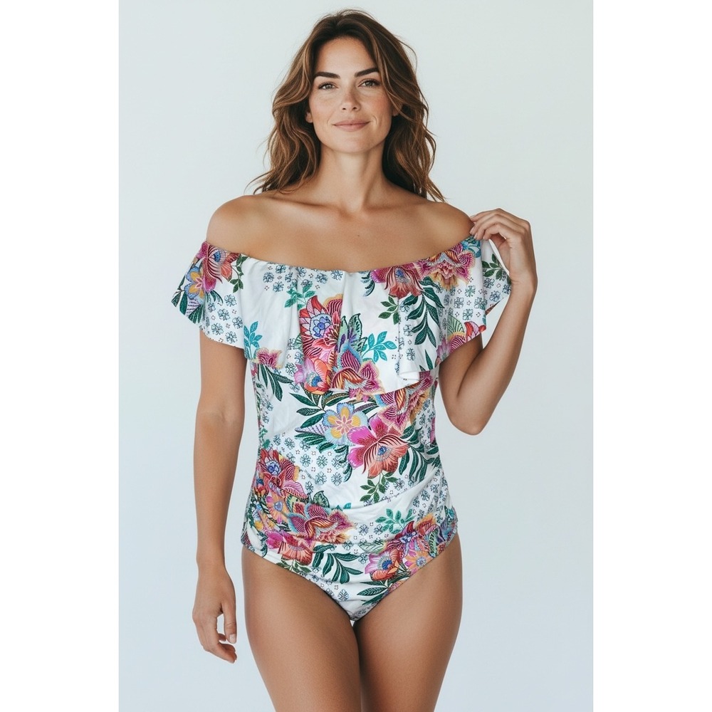 La Blanca‎ Off The Shoulder Ruffle Floral One Piece Swimsuit Women's Size 14